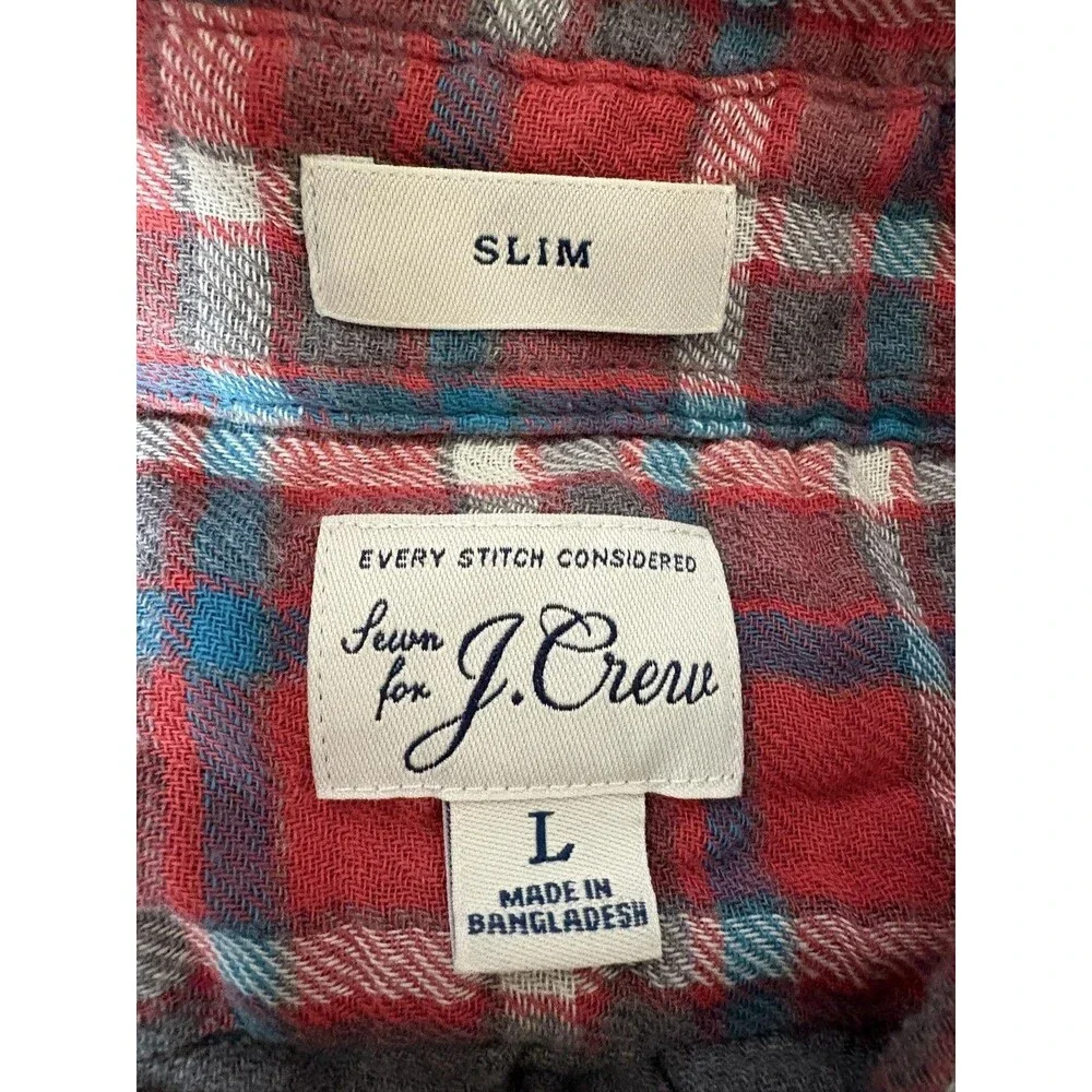 J.CREW Shirt Mens L Red Plaid Long Sleeve Flannel Button-Up Slim Casual Cotton